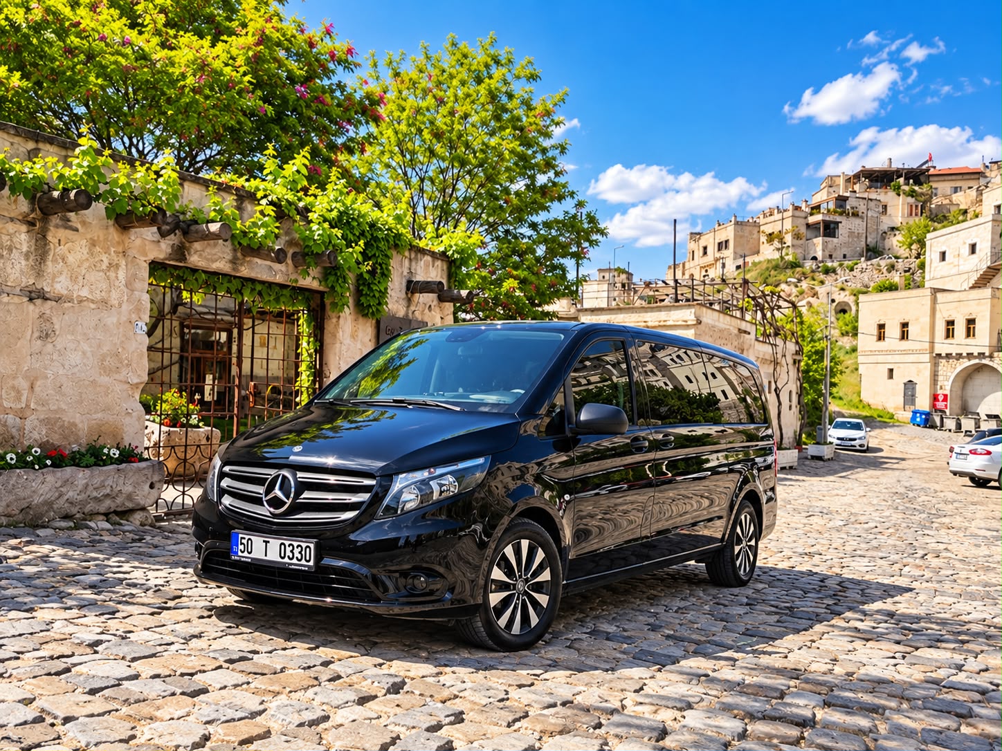 Mercedes VIP taxi in the stone streets of Uçhisar, Cappadocia